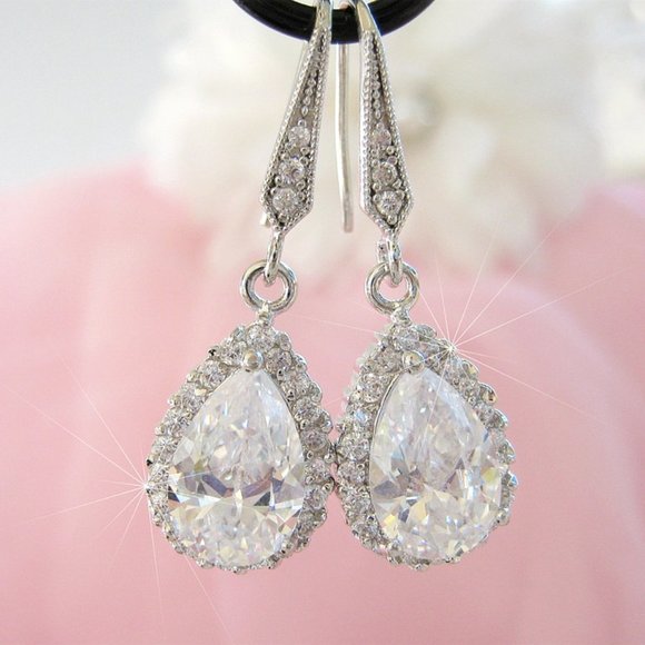 Sparkling Simulated Diamond Earrings Pear Cut Teardrops With Halo Nadri Style - Picture 1 of 8